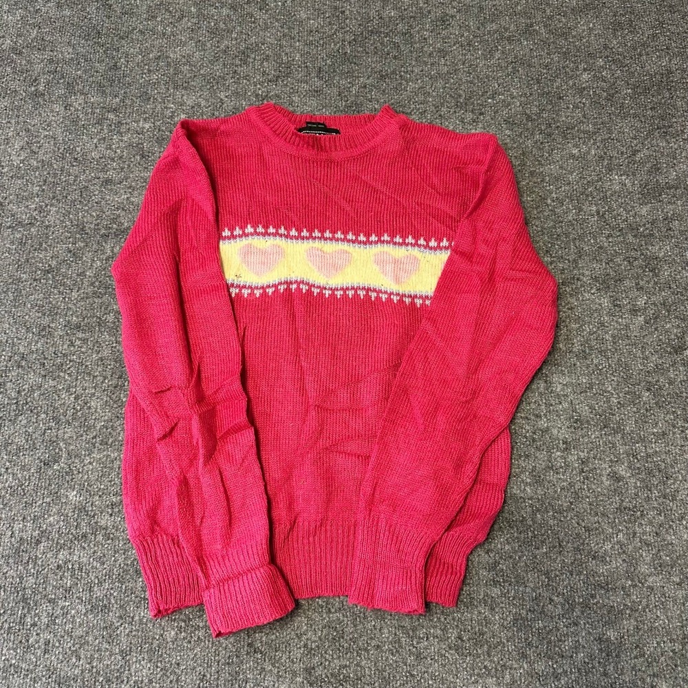 Gitano Sweater Womens Size L Pink Heart Fair Isle Lambs Wool Angora Vintage Knit